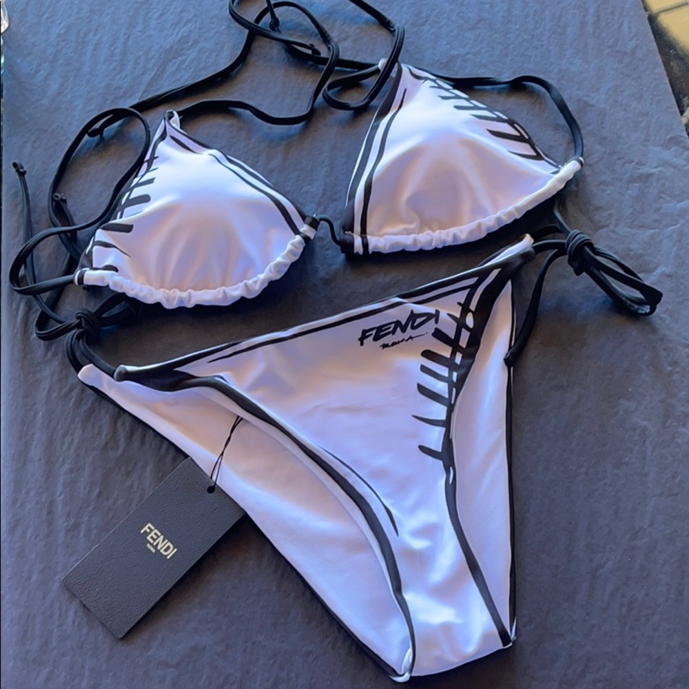 USED White + Black Fendi Two Piece Bikini, Size Small